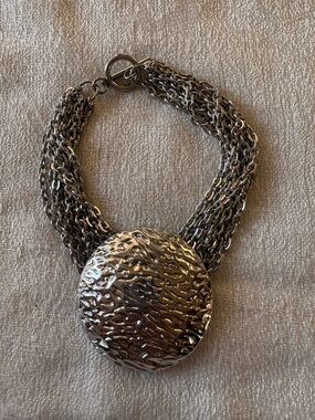 Silver Multi-Chain Statement Bracelet with Textured Disc